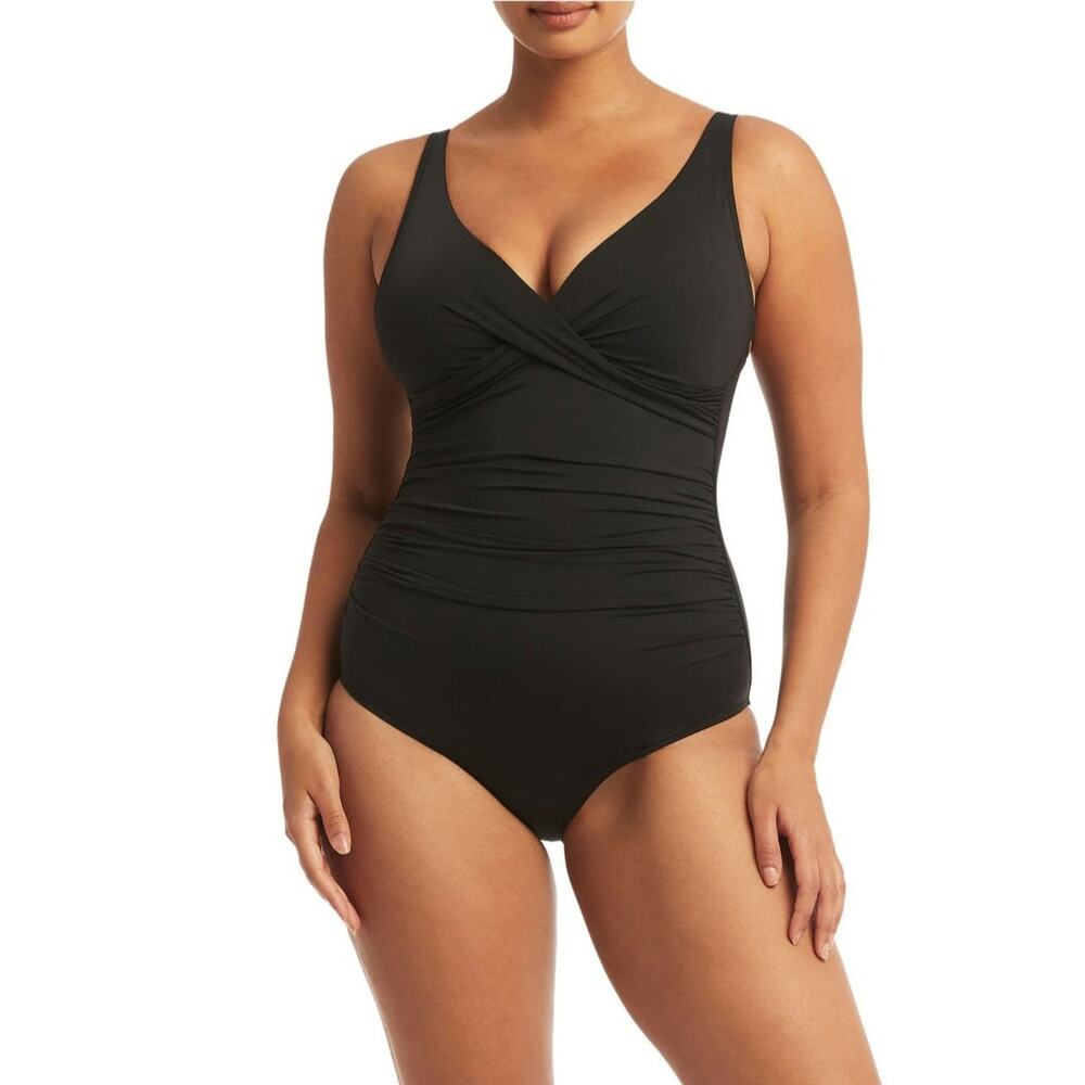 Sea Level Swim NWT Cross Front V Neck Full Coverage Black One Piece Swim 16